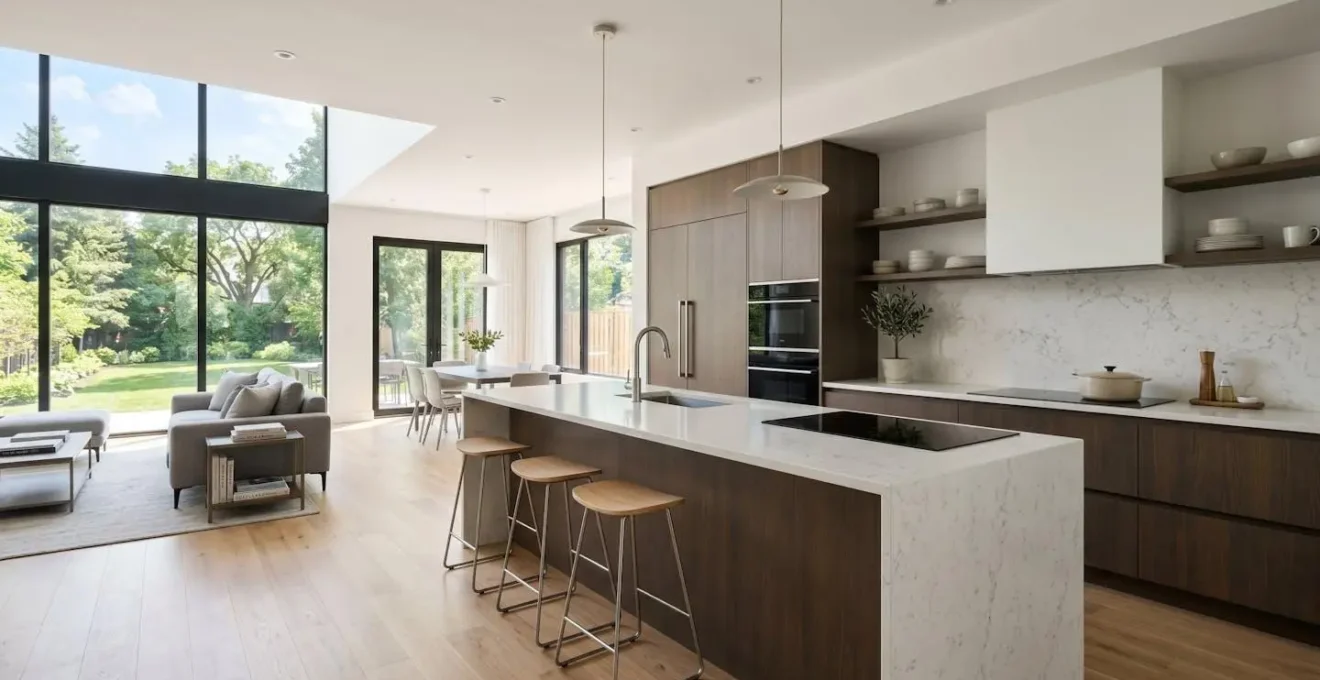 Cuisine contemporaine avec grand îlot central équipé d'une plaque de cuisson, baignée de lumière naturelle provenant de larges fenêtres, lignes épurées et design minimaliste