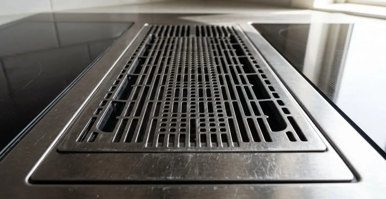 Gros plan sur la grille d'aspiration métallique centrale d'une plaque à induction moderne, avec détails de texture et lumière naturelle latérale
